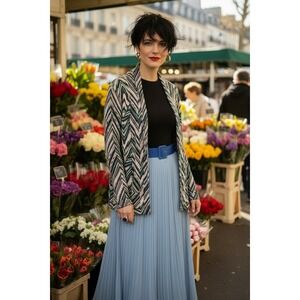 Nic+Zoe Linen Blend Chevron Zigzag Open Front Cardigan Green Blue Multi Size M